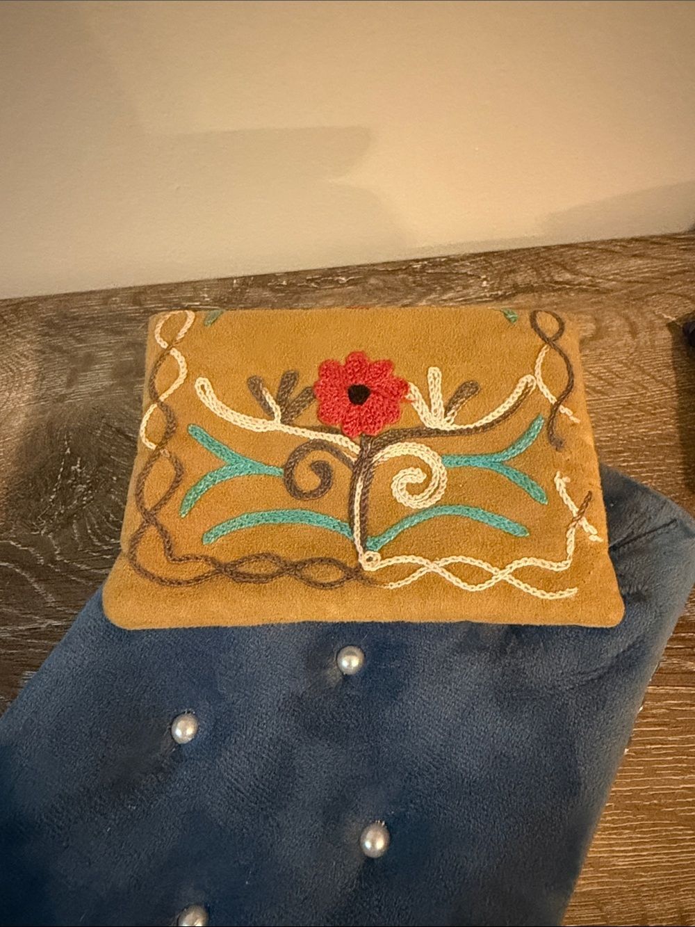Boho Embroidered Faux Suede Clutch Wallet Camel Floral Snap Pouch - Picture 2 of 7